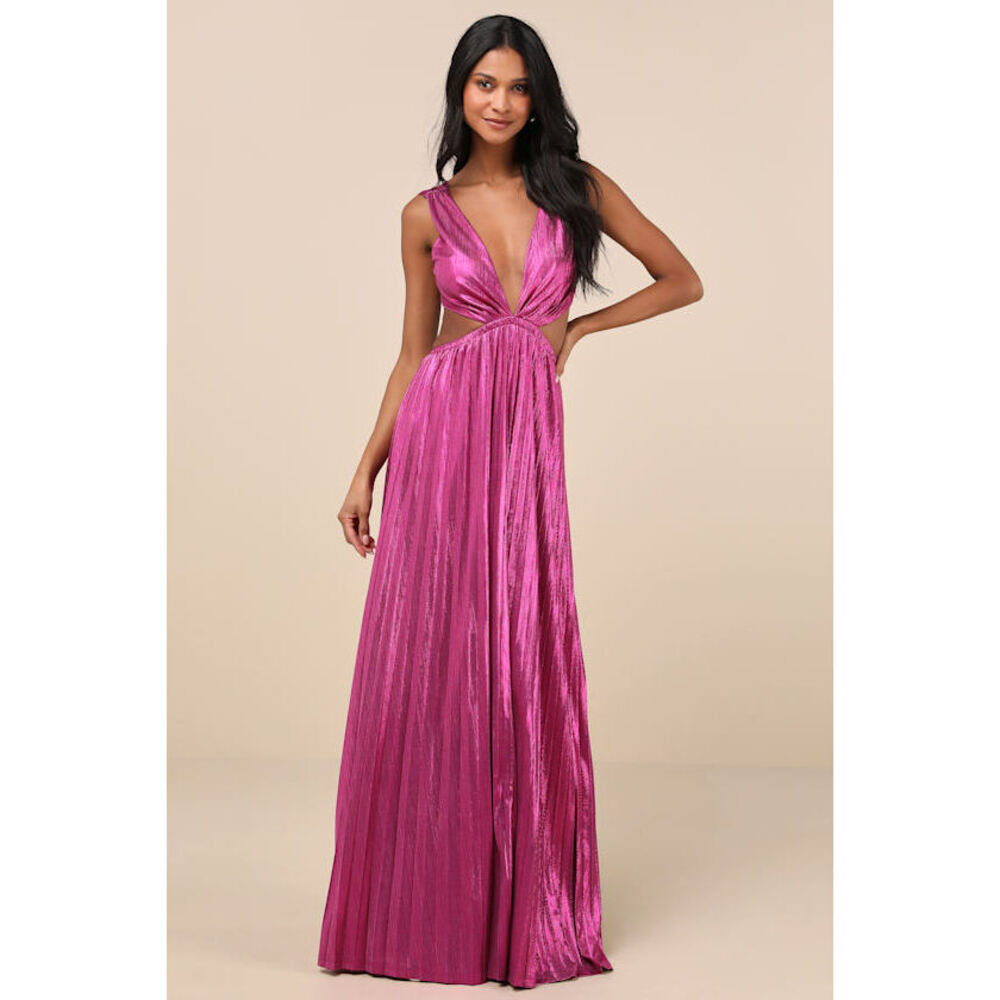 Lulus Shining Luxury Magenta Metallic Lurex Cutout Maxi Dress Pink - Size Small